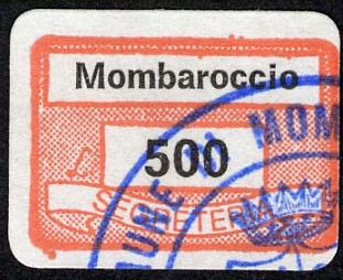 Marca da Bollo del Comune di MOMBAROCCIO (MONTE BAROCCIO) su Carta Bianca di dimensioni 19,5 x 13 mm