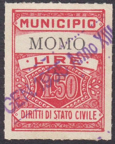Marca da Bollo del Comune di MOMO su Carta Bianca Sottile di dimensioni 22,5 x 29 mm