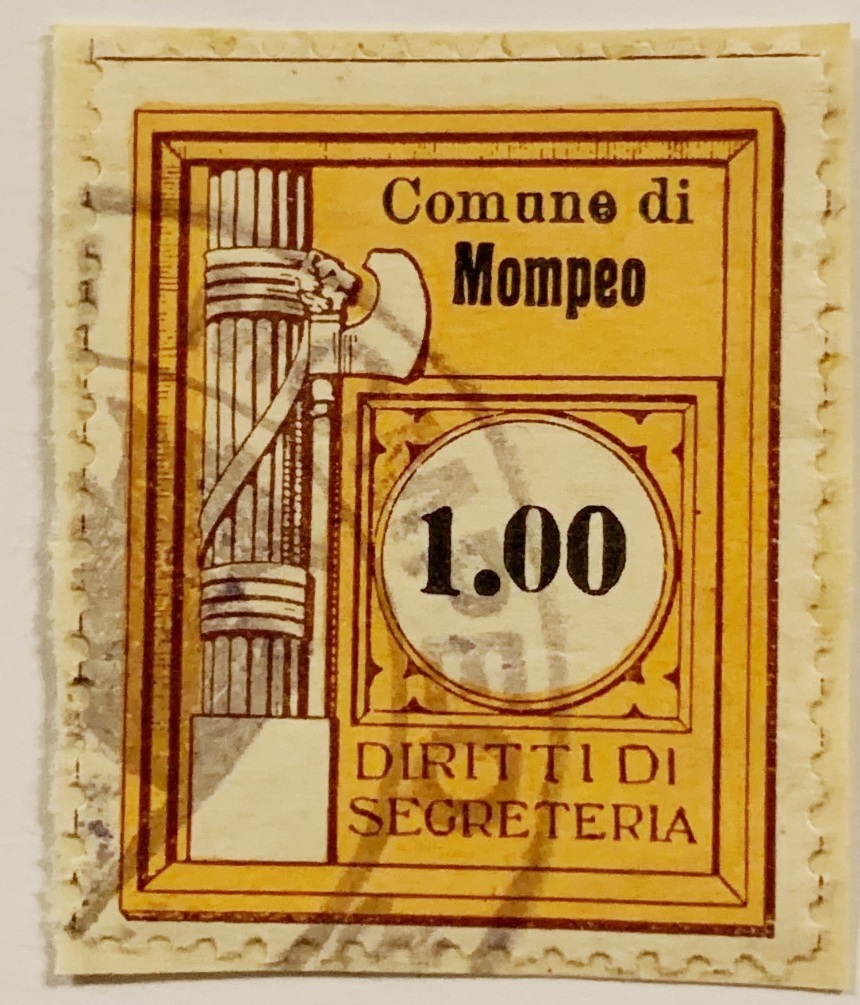 Marca da Bollo del Comune di MOMPEO su Carta Bianca di dimensioni 23 X 30 mm