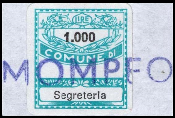 Marca da Bollo del Comune di MOMPEO su Carta Bianca di dimensioni 19 x 21 mm