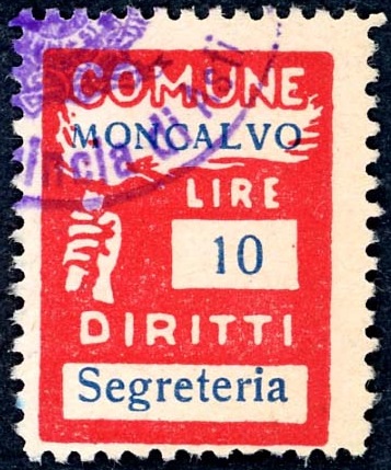 Marca da Bollo del Comune di MONCALVO (MONF:) su Carta Bianca di dimensioni 18,5 x 26 mm
