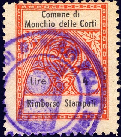 Marca da Bollo del Comune di MONCHIO DELLE CORTI su Carta Bianca di dimensioni 21,5 x 27 mm
