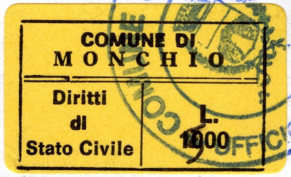 Marca da Bollo del Comune di MONCHIO DELLE CORTI su Carta Bianca di dimensioni 22 x 14 mm