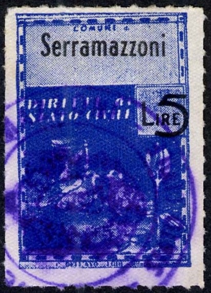 Marca da Bollo del Comune di SERRAMAZZONI (MONTEFESTINO) su Carta Bianca di dimensioni 18 x 22 mm