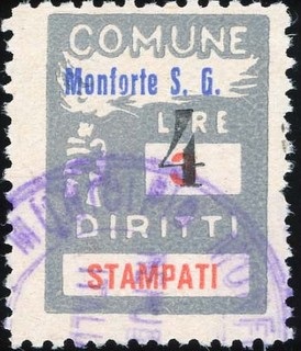 Marca da Bollo del Comune di MONFORTE SAN GIORGIO su Carta Bianca Sottile di dimensioni 18,5 x 26 mm