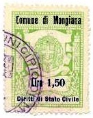 Marca da Bollo del Comune di MONGIANA su Carta Bianca di dimensioni 26 x 35 mm