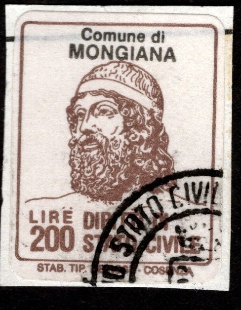 Marca da Bollo del Comune di MONGIANA su Carta Bianca di dimensioni 20 x 14 mm
