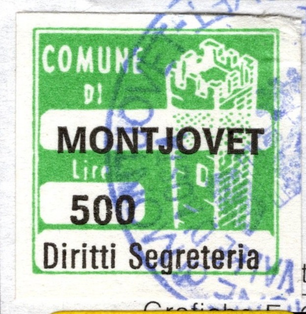 Marca da Bollo del Comune di MONTJOVET su Carta Bianca di dimensioni 20 x 20 mm