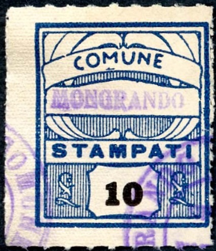 Marca da Bollo del Comune di MONGRANDO su Carta Bianca di dimensioni 23 x 27 mm