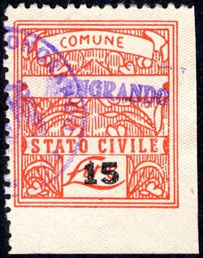 Marca da Bollo del Comune di MONGRANDO su Carta Bianca di dimensioni 23,5 x 26,5 mm