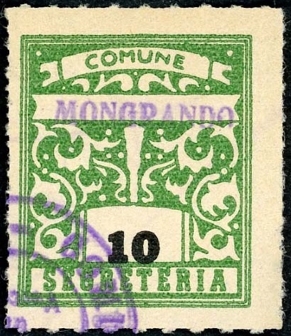 Marca da Bollo del Comune di MONGRANDO su Carta Bianca di dimensioni 23 x 27 mm