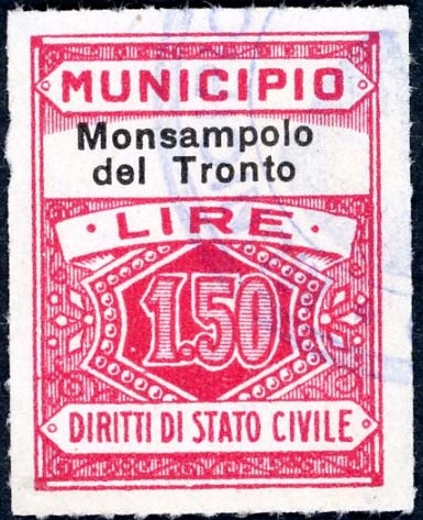 Marca da Bollo del Comune di MONSAMPOLO DEL TRONTO su Carta Bianca di dimensioni 22,5 x 29 mm