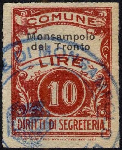 Marca da Bollo del Comune di MONSAMPOLO DEL TRONTO su Carta Bianca Sottile di dimensioni 22,5 x 29 mm