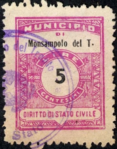 Marca da Bollo del Comune di MONSAMPOLO DEL TRONTO su Carta Bianca di dimensioni 22,5 x 29 mm
