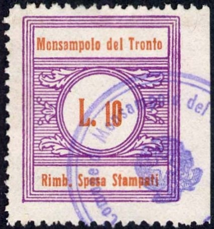 Marca da Bollo del Comune di MONSAMPOLO DEL TRONTO su Carta Bianca di dimensioni 22 x 26 mm