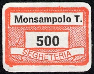 Marca da Bollo del Comune di MONSAMPOLO DEL TRONTO su Carta Bianca di dimensioni 19,5 x 13,5 mm
