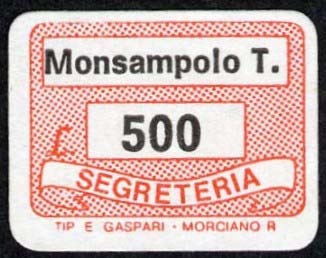 Marca da Bollo del Comune di MONSAMPOLO DEL TRONTO su Carta Bianca di dimensioni 19 x 14 mm