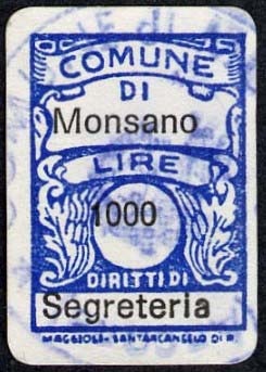 Marca da Bollo del Comune di MONSANO su Carta Bianca di dimensioni 14 x 20 mm