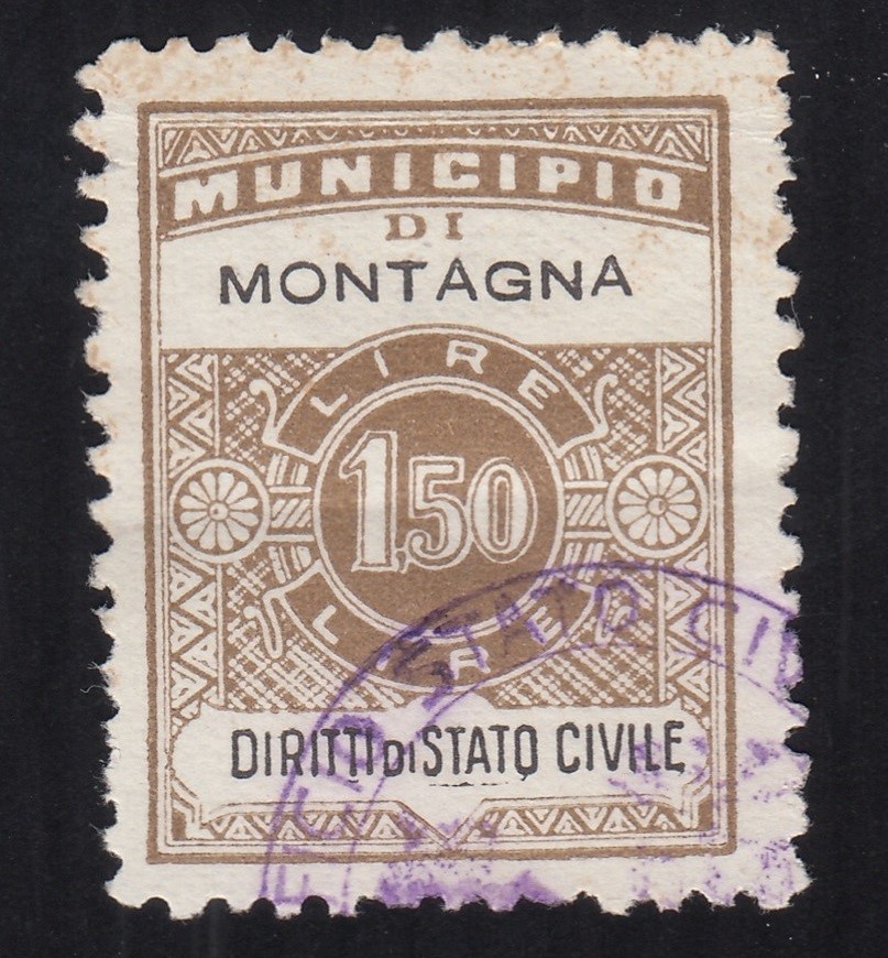 Marca da Bollo del Comune di MONTAGNA su Carta Bianca di dimensioni 22 x 29 mm