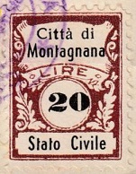 Marca da Bollo del Comune di MONTAGNA su Carta Bianca di dimensioni 17 x 22,5 mm