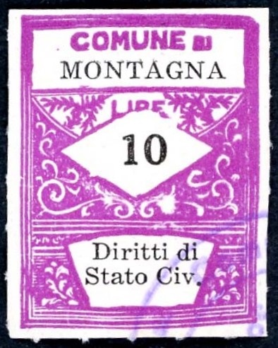 Marca da Bollo del Comune di MONTAGNA su Carta Bianca di dimensioni 21,5 x 28 mm