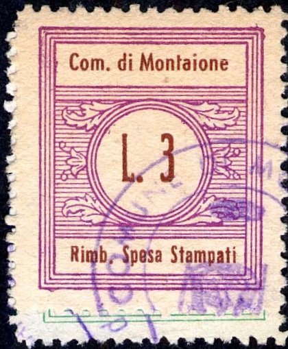 Marca da Bollo del Comune di MONTAIONE su Carta Bianca di dimensioni 22 x 26 mm