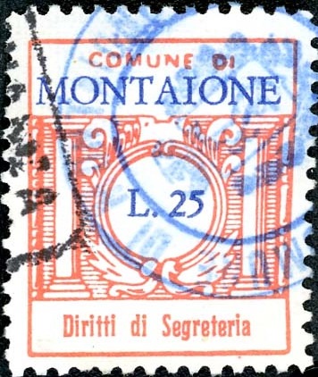 Marca da Bollo del Comune di MONTAIONE su Carta Bianca di dimensioni 21 x 25 mm