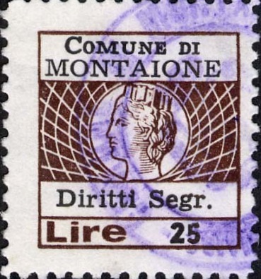 Marca da Bollo del Comune di MONTAIONE su Carta Bianca di dimensioni 19,5 x 21 mm