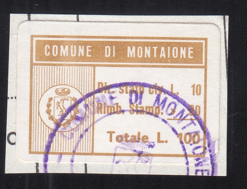 Marca da Bollo del Comune di MONTAIONE su Carta Bianca di dimensioni 16 x 22 mm