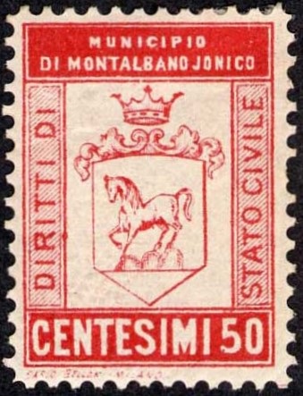 Marca da Bollo del Comune di MONTALBANO JONICO su Carta Bianca di dimensioni 19 x 26 mm