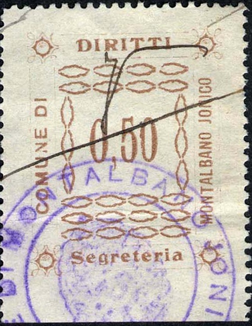 Marca da Bollo del Comune di MONTALBANO JONICO su Carta Bianca di dimensioni 24 X 32 mm