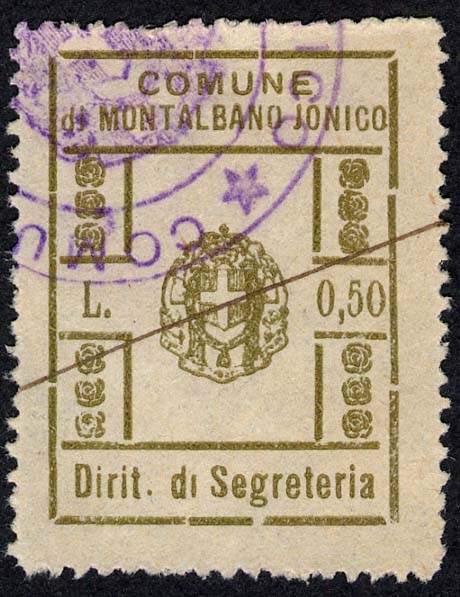 Marca da Bollo del Comune di MONTALBANO JONICO su Carta Bianca Sottile di dimensioni 24 x 33 mm