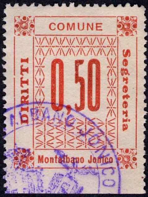 Marca da Bollo del Comune di MONTALBANO JONICO su Carta Bianca di dimensioni 22 X 33 mm