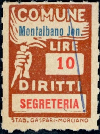 Marca da Bollo del Comune di MONTALBANO JONICO su Carta Bianca di dimensioni 18,5 x 26 mm
