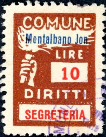 Marca da Bollo del Comune di MONTALBANO JONICO su Carta Bianca di dimensioni 18,5 x 25,5 mm