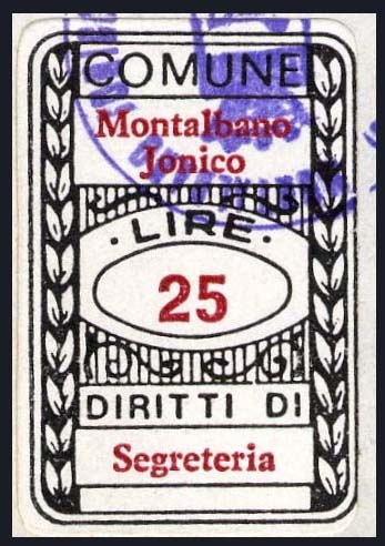 Marca da Bollo del Comune di MONTALBANO JONICO su Carta Bianca di dimensioni 20 x30 mm