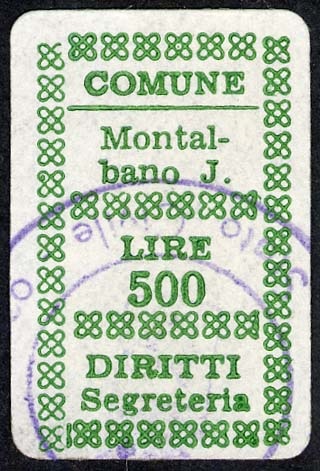 Marca da Bollo del Comune di MONTALBANO JONICO su Carta Bianca di dimensioni 18 x 29 mm