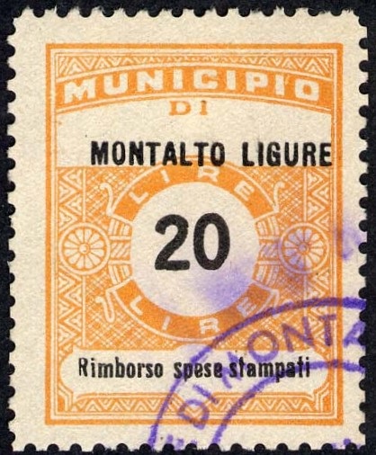 Marca da Bollo del Comune di MONTALTO LIGURE su Carta Bianca di dimensioni 22,5 x 29 mm