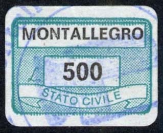 Marca da Bollo del Comune di MONTALLEGRO su Carta Arancione di dimensioni 19 x 14 mm