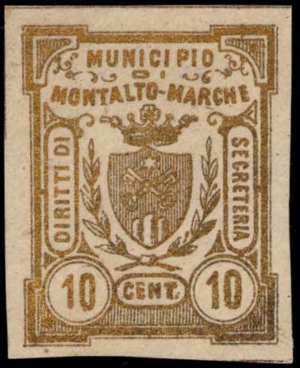 Marca da Bollo del Comune di MONTALTO DELLE MARCHE su Carta Bianca di dimensioni 25 x 31,5 mm