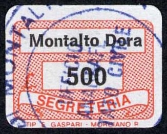 Marca da Bollo del Comune di MONTALTO DORA su Carta Bianca di dimensioni 19 x 14,5 mm