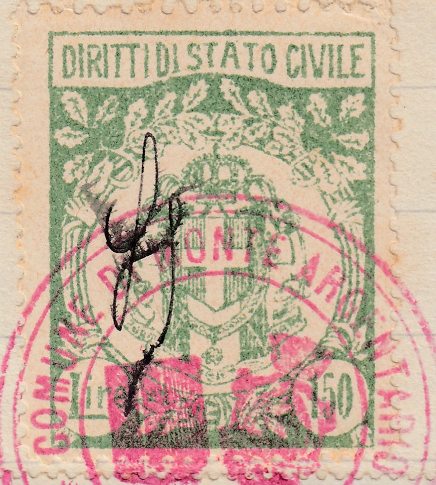 Marca da Bollo del Comune di MONTE ARGENTARIO su Carta Bianca di dimensioni 26 x 33,5 mm