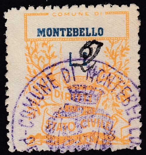 Marca da Bollo del Comune di MONTEBELLO DELLA BATTAGLIA su Carta Bianca di dimensioni 22 x 29 mm