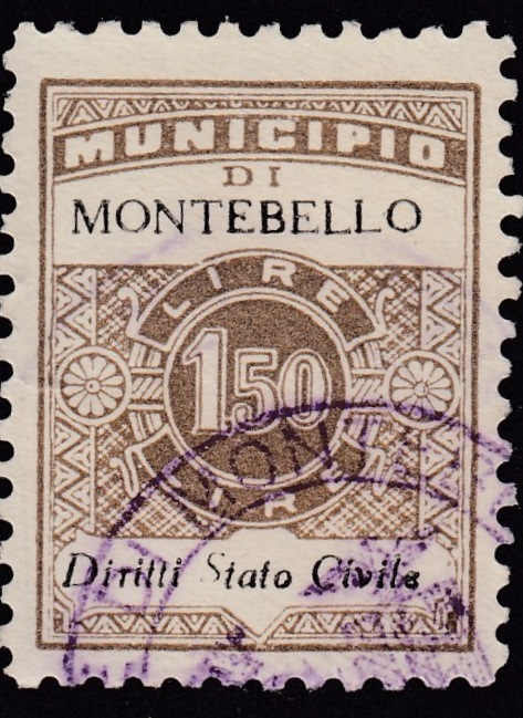 Marca da Bollo del Comune di MONTEBELLO DELLA BATTAGLIA su Carta Bianca di dimensioni 22 x 29 mm