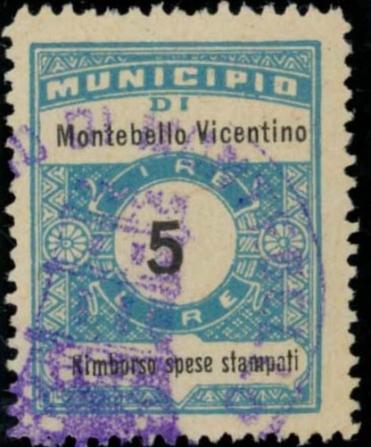 Marca da Bollo del Comune di MONTEBELLO VICENTINO su Carta Bianca Sottile di dimensioni 22 x 29 mm