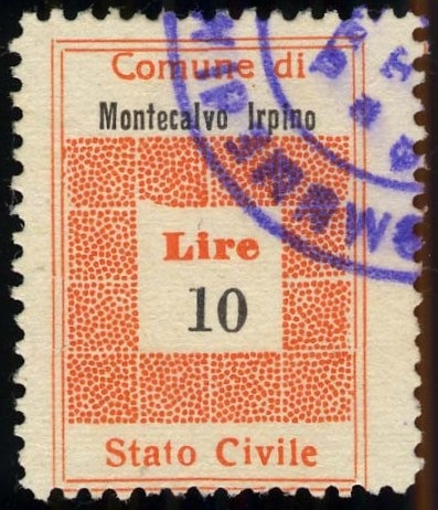 Marca da Bollo del Comune di MONTECALVO IRPINO su Carta Bianca di dimensioni 19 x 28,5 mm