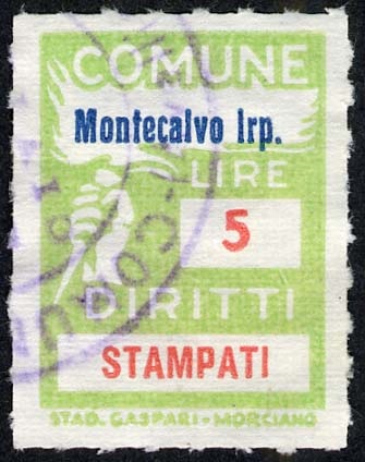 Marca da Bollo del Comune di MONTECALVO IRPINO su Carta Bianca Sottile di dimensioni 18 X 25,5 mm
