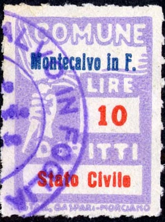 Marca da Bollo del Comune di MONTECALVO IN FOGLIA su Carta Bianca Sottile di dimensioni 18,5 x 26 mm