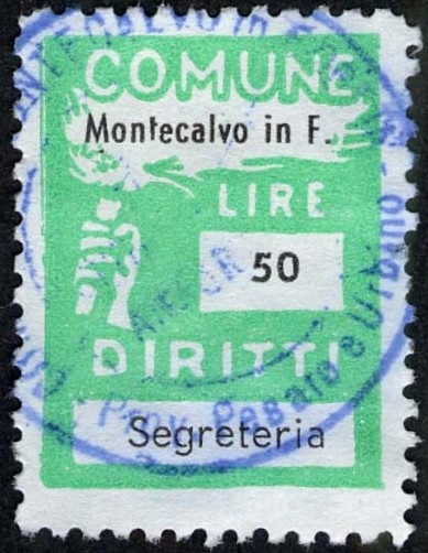 Marca da Bollo del Comune di MONTECALVO IN FOGLIA su Carta Bianca Sottile di dimensioni 19,5 x 26 mm