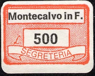Marca da Bollo del Comune di MONTECALVO IN FOGLIA su Carta Bianca di dimensioni 19 x 13 mm